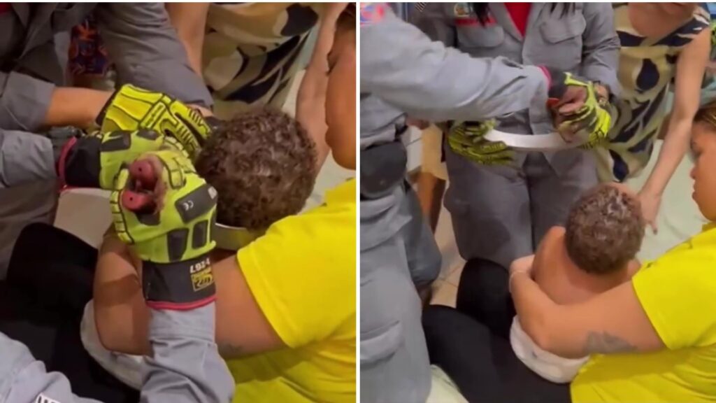Bombeiros resgatam criança com forma de bolo preso no pescoço