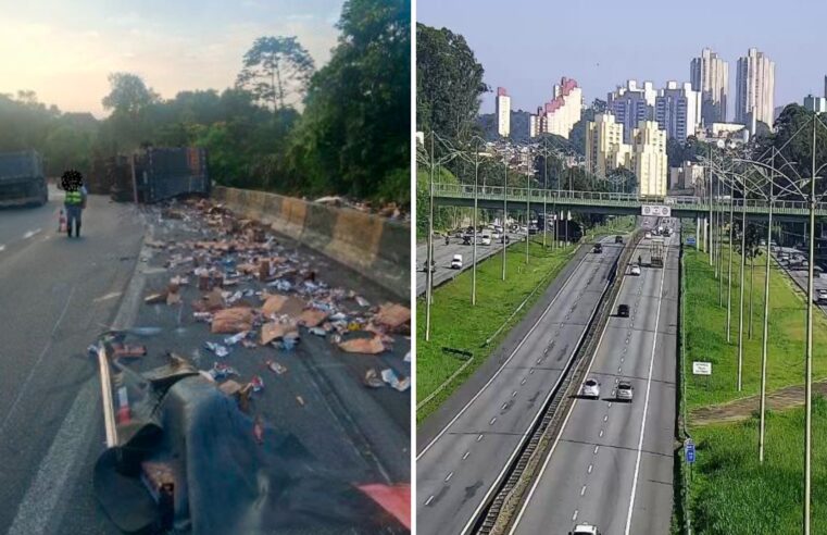 Tombamento de carreta bloqueia rodovia em Santos; Anchieta está lenta