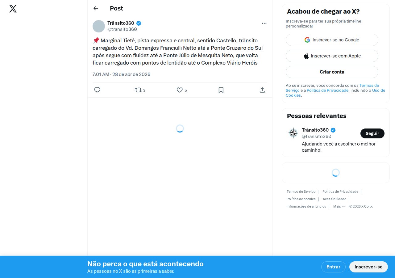 Marginal Tietê apresenta congestionamento e lentidão