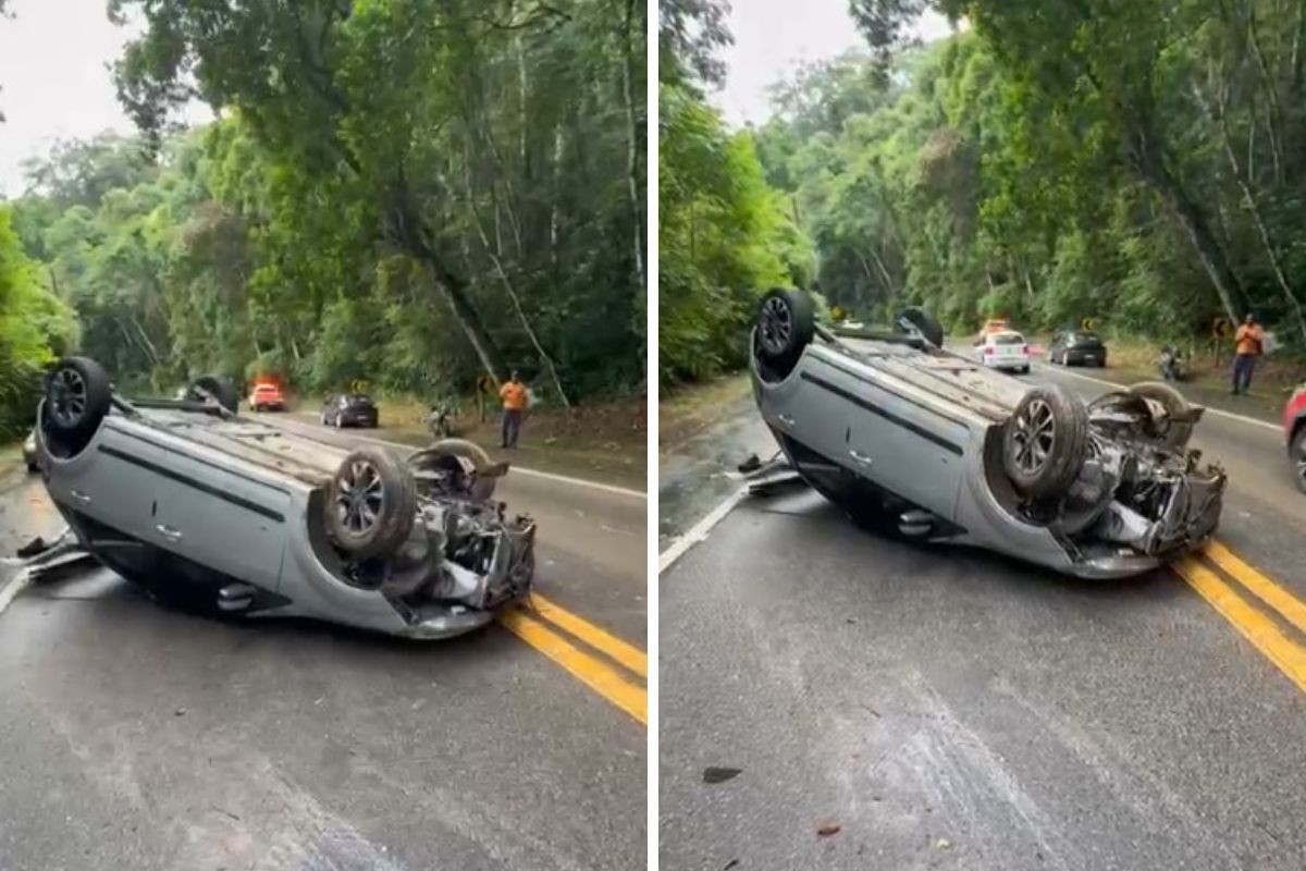Carro capota e interdita parte da Rio-Santos
