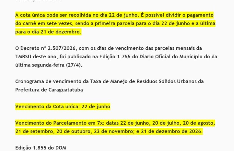 Caraguatatuba define datas do vencimento da “taxa do lixo”;