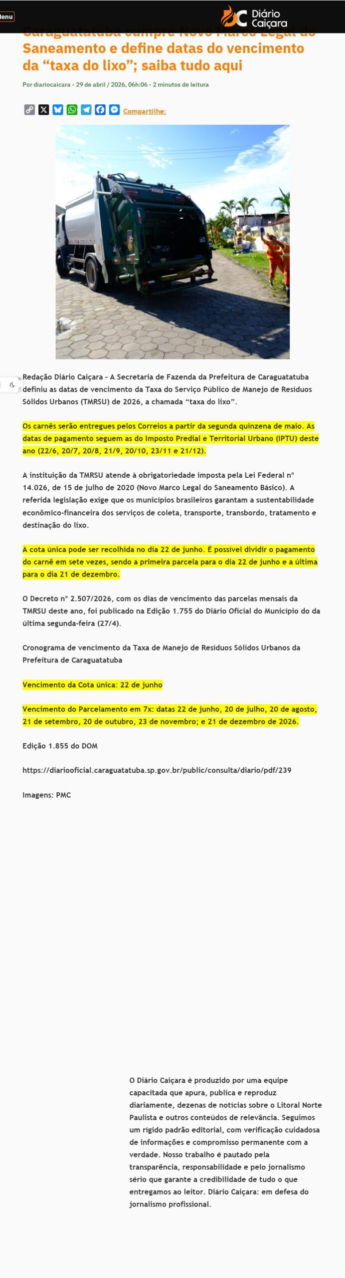 Caraguatatuba define datas do vencimento da “taxa do lixo”;