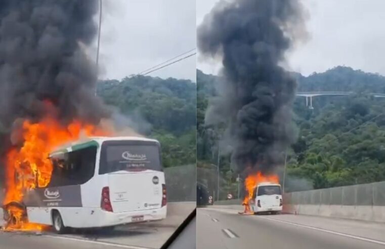 Incendio em microonibus fecha túnel na rodovia do litoral
