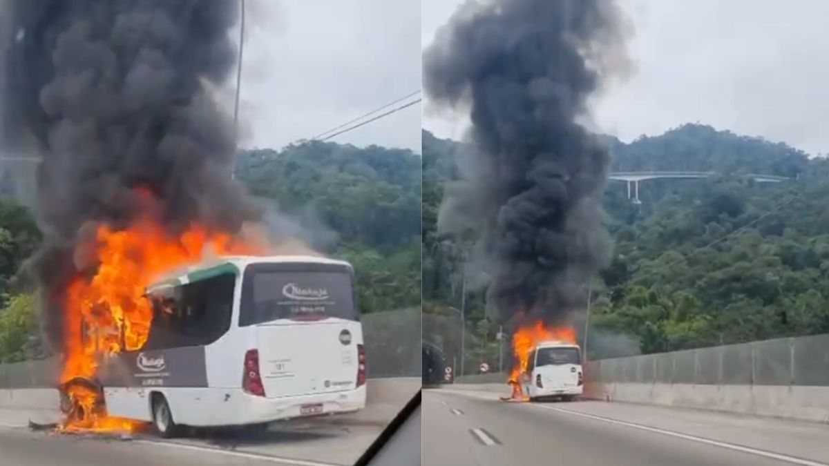 Incendio em microonibus fecha túnel na rodovia do litoral