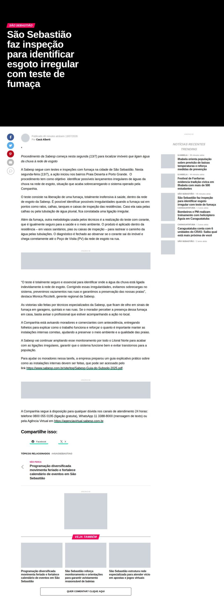 São Sebastião inicia inspeção para identificar esgoto irregular