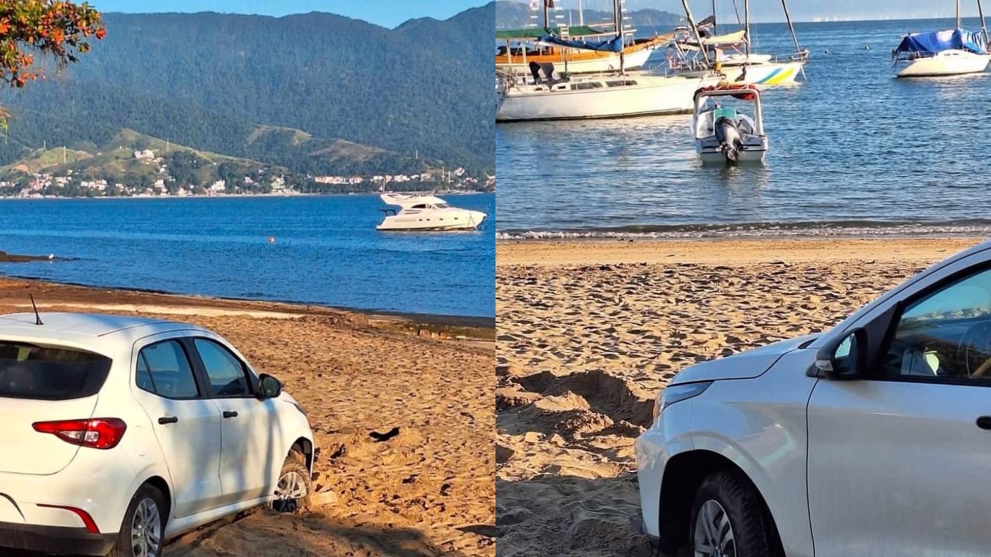 Carro atola na areia da praia do Saco