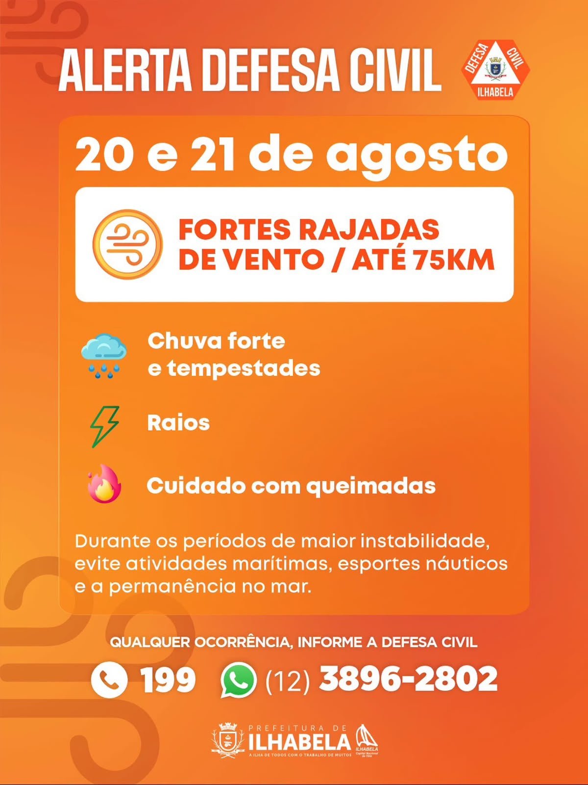 Ilhabela alerta para ventos de até 75 km/h nesta