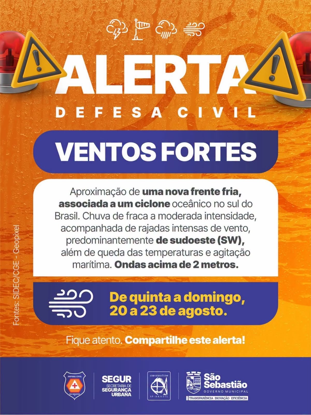 Frente fria traz ventos fortes e agitação marítima