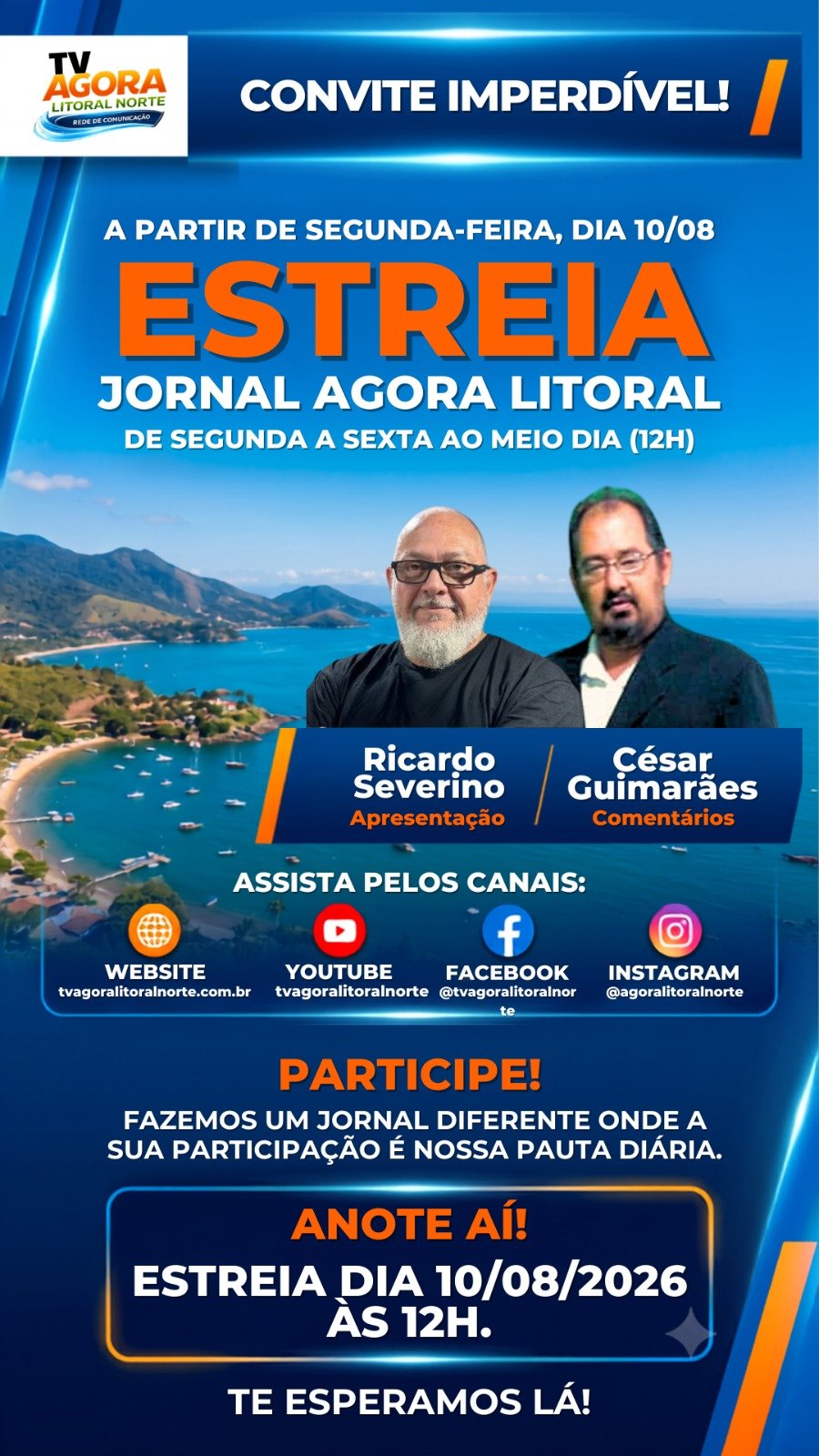 Jornal Agora Litoral estreia ao meio‑dia
