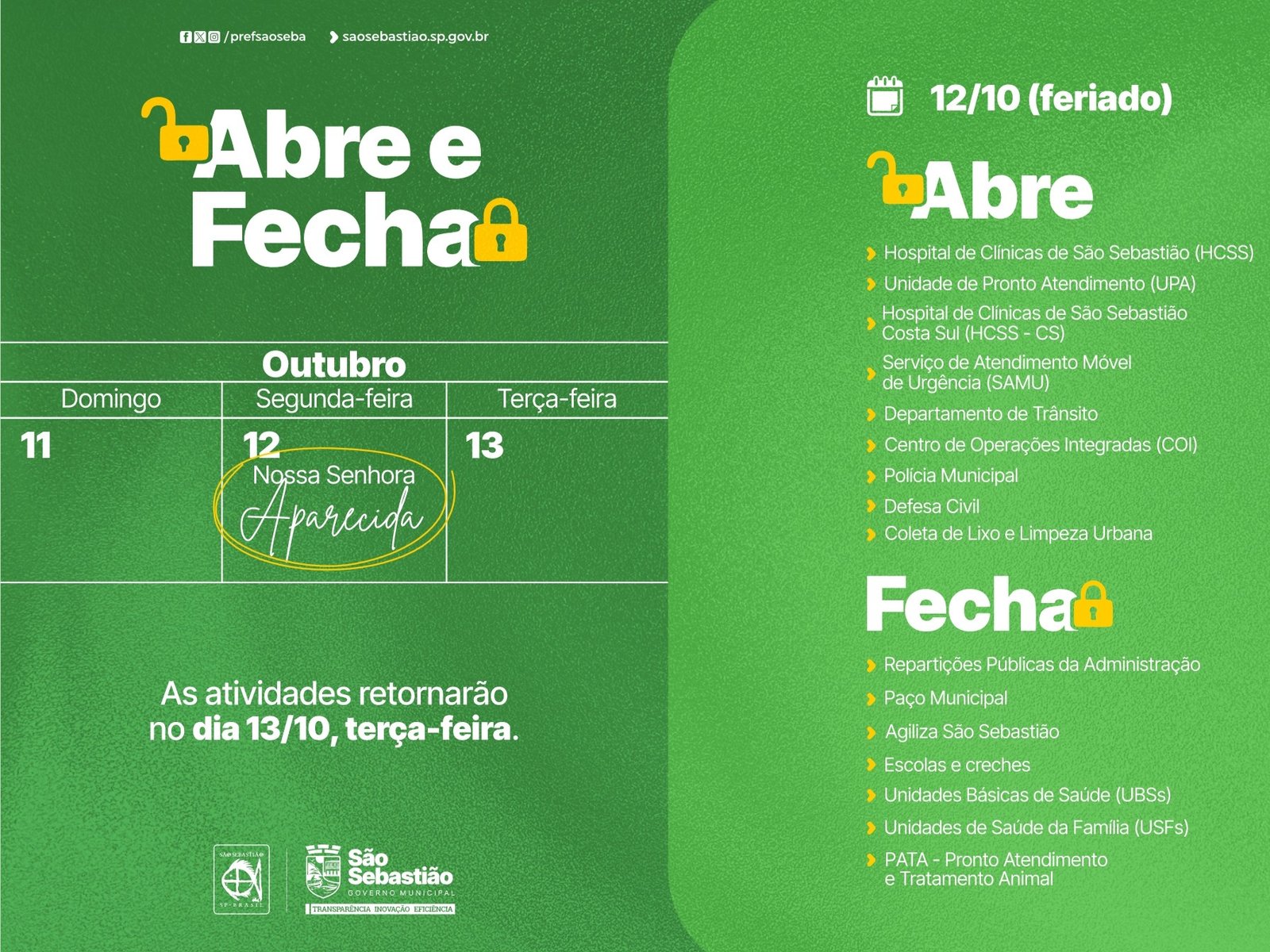São Sebastião altera serviços públicos no feriado