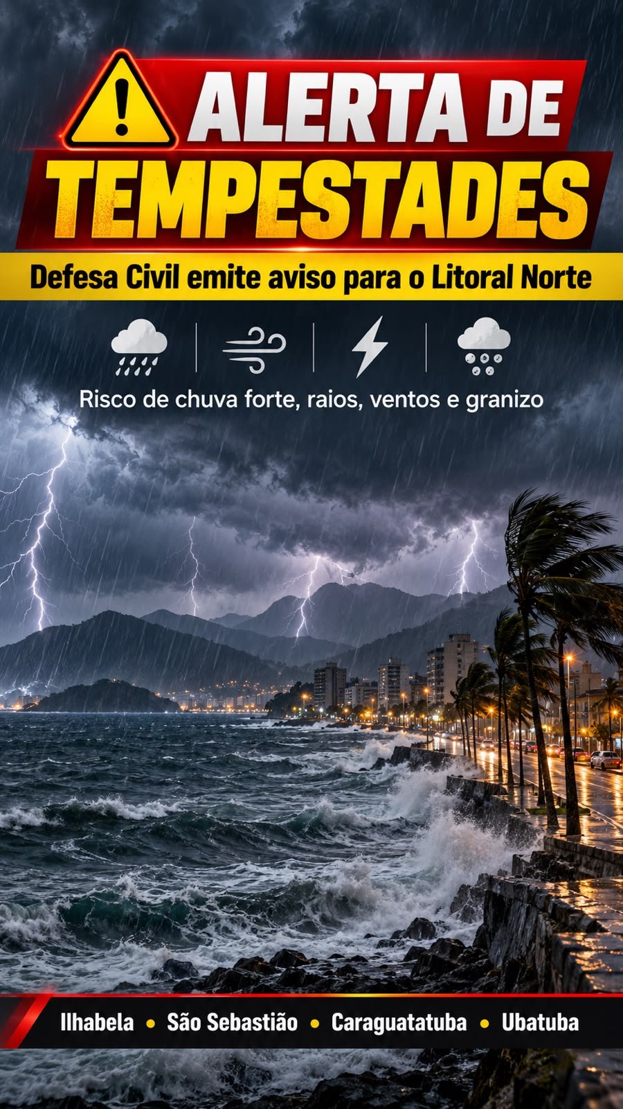 URGENTE: Defesa Civil emite alerta para tempestades severas no Litoral Norte neste domingo (25)