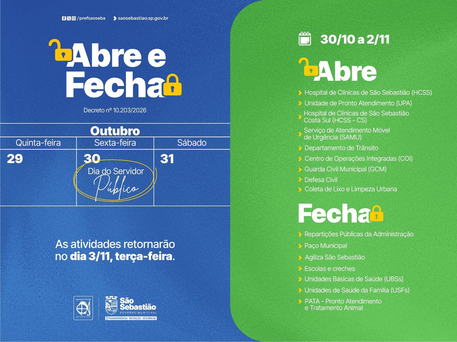São Sebastião altera atendimentos em feriado prolongado